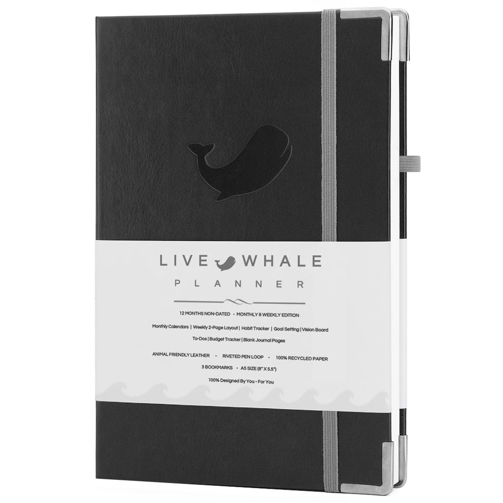 Live Whale Undated Planner, 12 Month Full Focus Weekly Planner / Monthly Productivity Journal for Habit Tracking, Wellness, Gratitude Journaling, Vegan-Friendly Moleskin Faux Leather Black Goal Planner