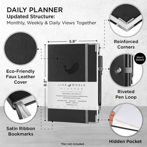 Live Whale Undated Planner, 3 Month Daily Organizer Planner / Monthly Gratitude Journal for Habit Tracking, Wellness, Gratitude Journaling, Vegan-Friendly Moleskin Faux Leather Black Daily Planner
