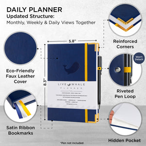 Live Whale Undated Planner, 3 Month  Daily Organizer Planner / Monthly Gratitude Journal for Habit Tracking, Wellness, Gratitude Journaling, Vegan-Friendly Moleskin Faux Leather Blue Goal Planner