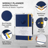 Live Whale Undated Planner, 12 Month Full Focus Weekly Planner / Monthly Productivity Journal for Habit Tracking, Wellness, Gratitude Journaling, Vegan-Friendly Moleskin Faux Blue Leather Goal Planner