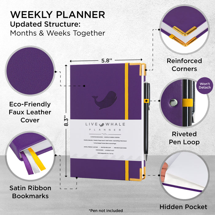 Live Whale Undated Planner, 12 Month Full Focus Weekly Planner / Monthly Productivity Journal for Habit Tracking, Wellness, Gratitude Journaling, Vegan-Friendly Moleskin Faux Leather Purple Goal Planner