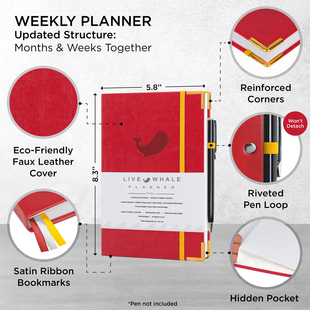 Live Whale Undated Planner, 12 Month Full Focus Weekly Planner / Month