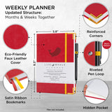 Live Whale Undated Planner, 12 Month Full Focus Weekly Planner / Monthly Productivity Journal for Habit Tracking, Wellness, Gratitude Journaling, Vegan-Friendly Moleskin Faux Leather Red Goal Planner