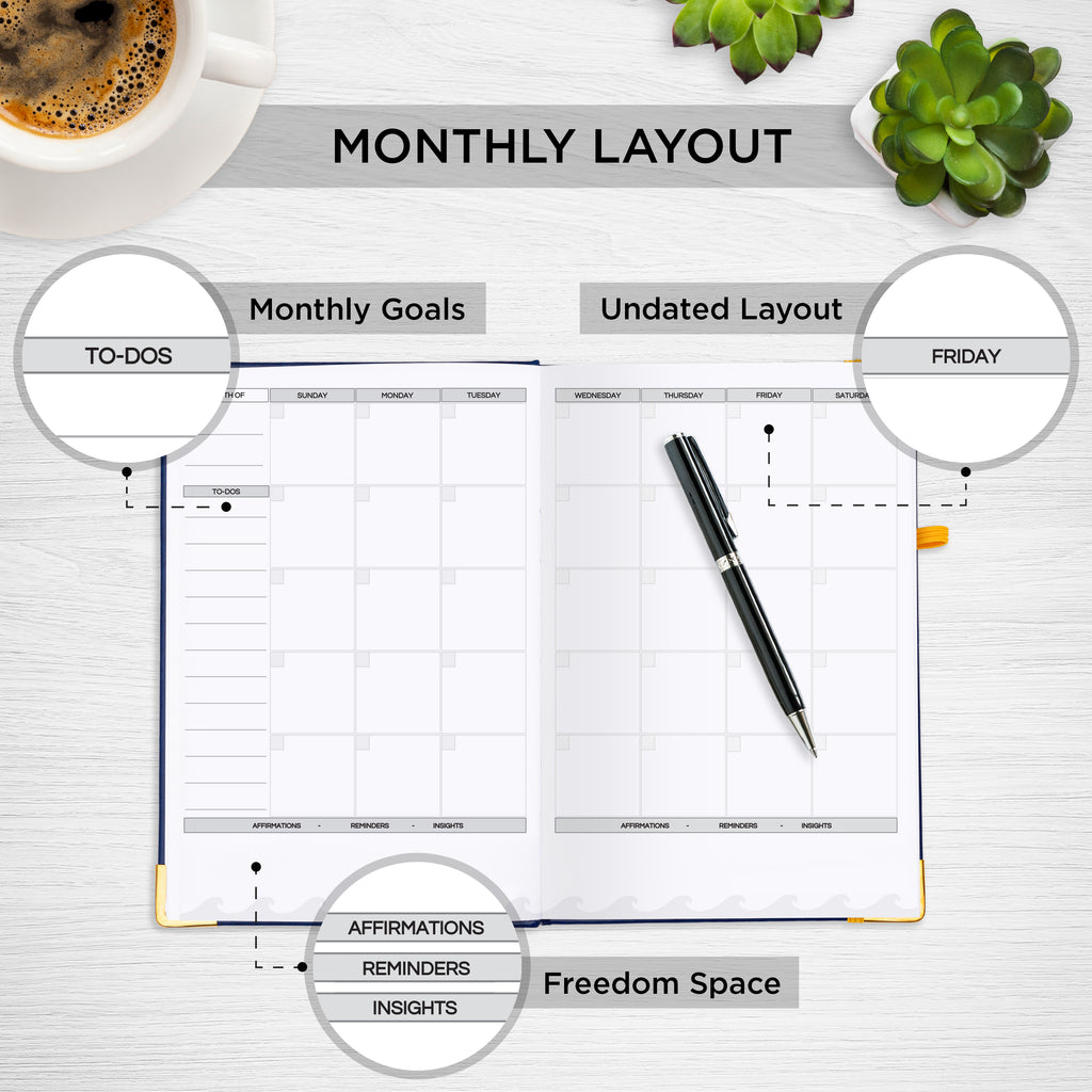 Live Whale Undated Planner, 12 Month Full Focus Weekly Planner / Month