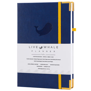 Live Whale Undated Planner, 3 Month  Daily Organizer Planner / Monthly Gratitude Journal for Habit Tracking, Wellness, Gratitude Journaling, Vegan-Friendly Moleskin Faux Leather Blue Goal Planner
