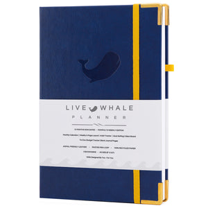 Live Whale Undated Planner, 12 Month Full Focus Weekly Planner / Monthly Productivity Journal for Habit Tracking, Wellness, Gratitude Journaling, Vegan-Friendly Moleskin Faux Blue Leather Goal Planner